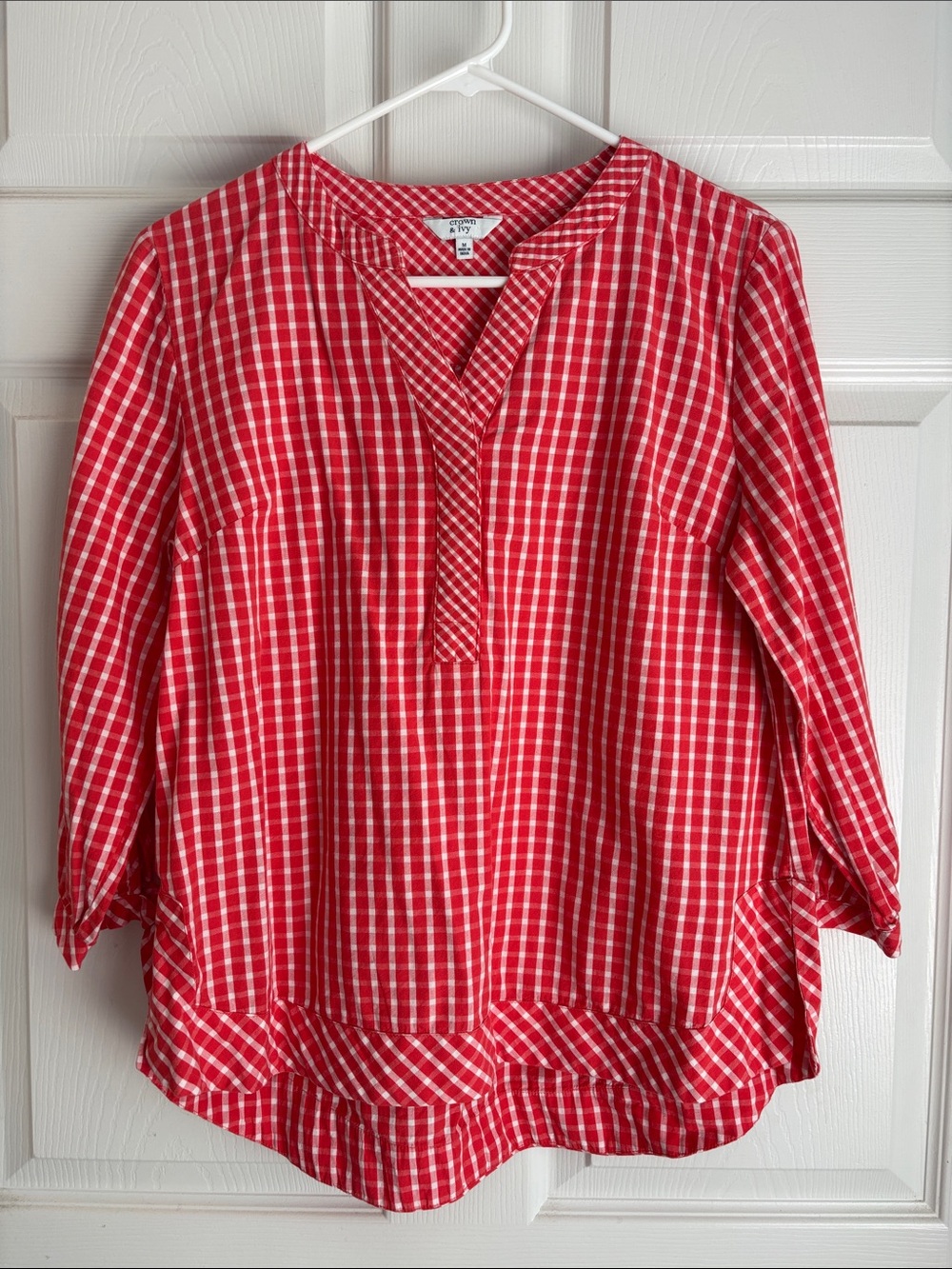 crown & ivy Red & White Gingham Split V Blouse